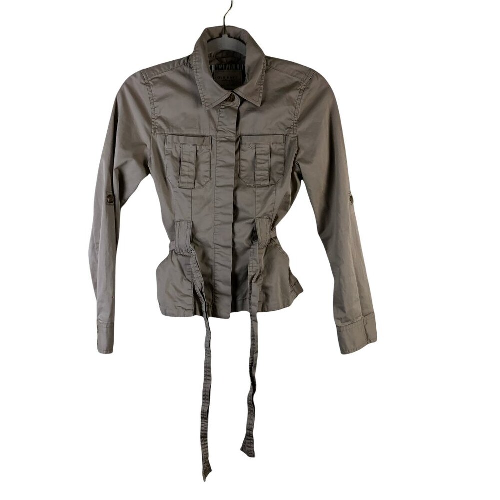 Old Navy S Jacket  Hidden Button Safari Tie Waist Long Sleeve Beige Lightweight